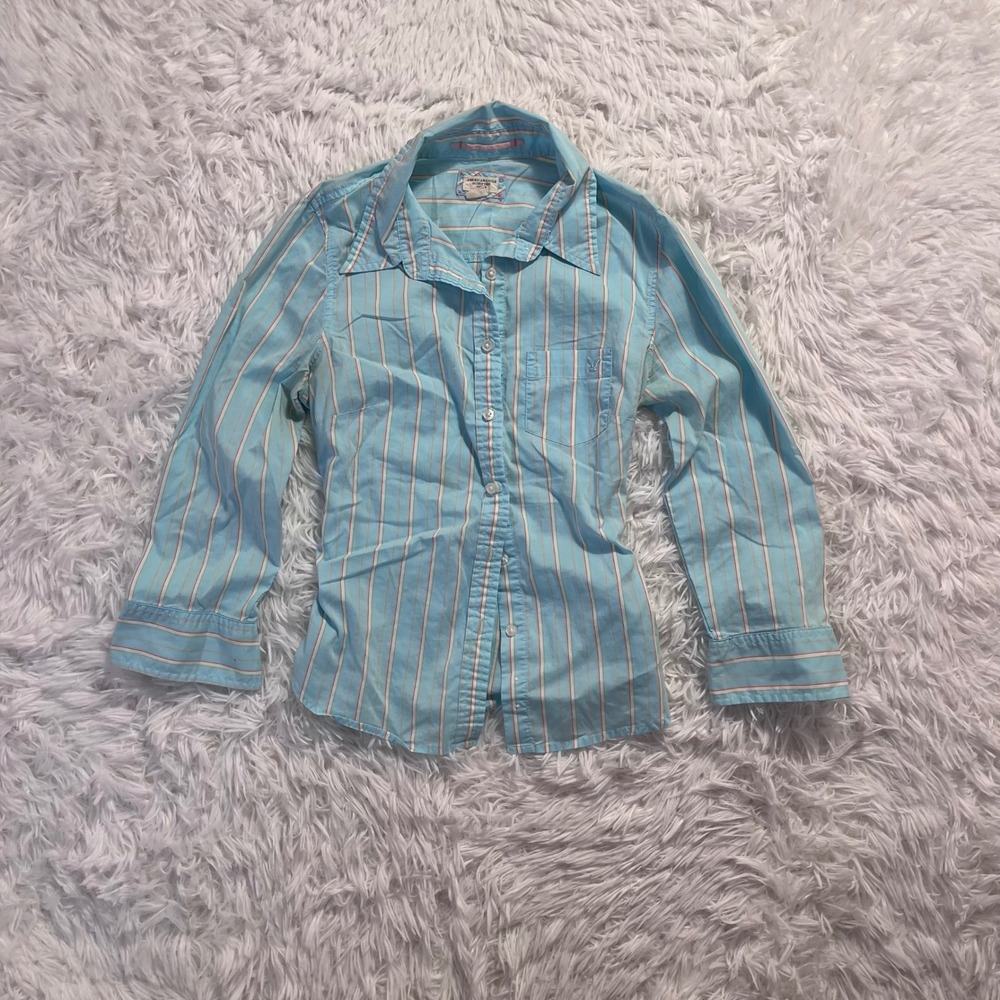 y2k american eagle light blue striped button up top size 2